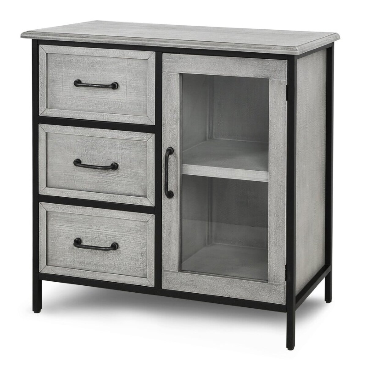 0c87a391cf818c3a16300c082cfa2777 Amador Cabinet Gray Wooden And Black Metal 3 Drawer 1 Door Cabinet With Glass - Image 1