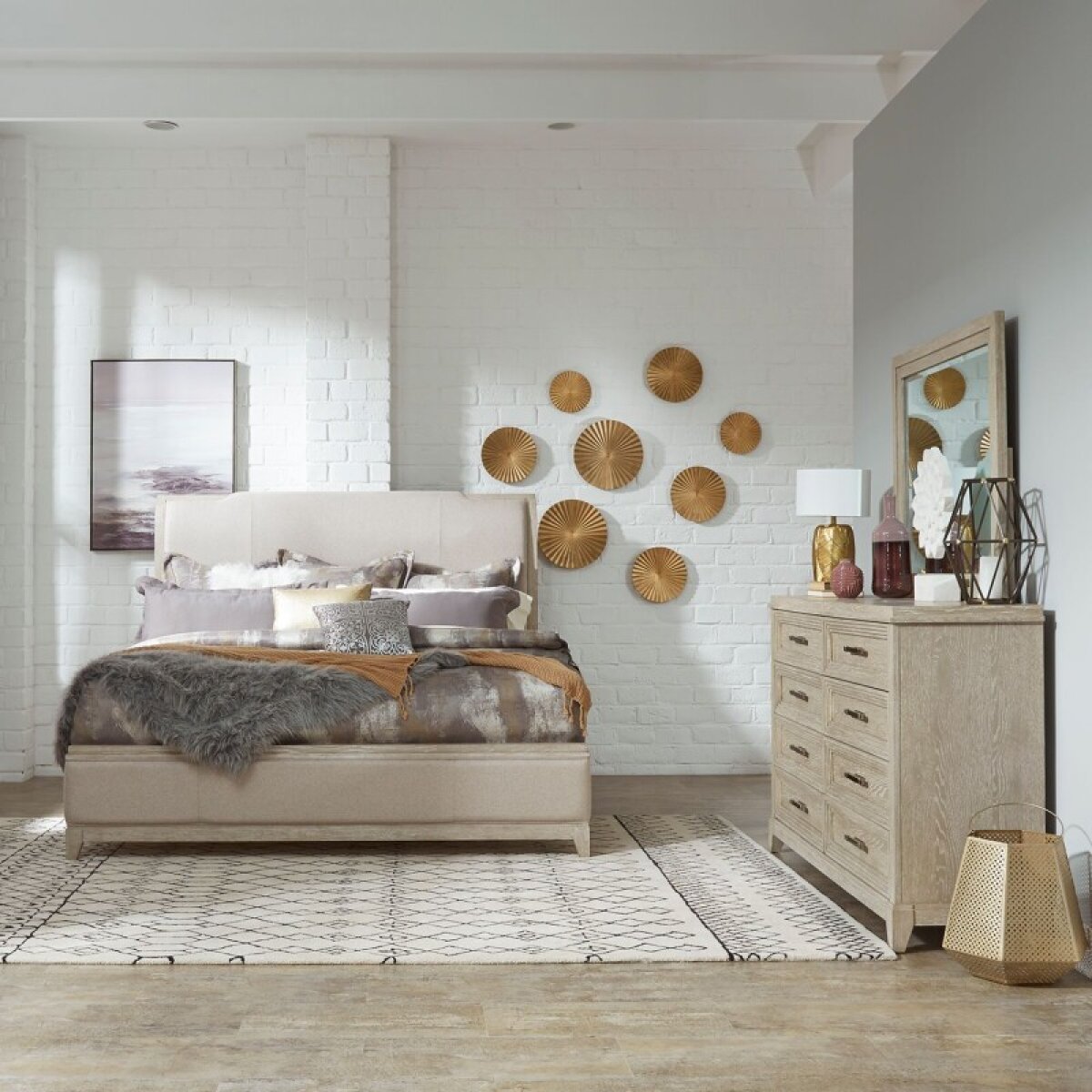 0d1571401098f2a9b157bb9ba9ec2d63 Belmar King Uph Bed, Dresser & Mirror - Image 1