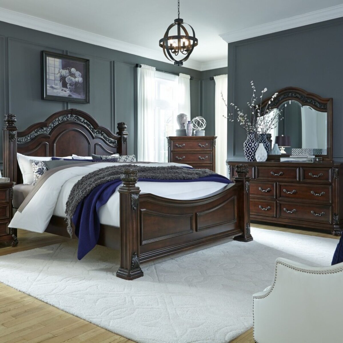 0ea0f8316ff89f659102ea972bf36a50 Messina Estates King Poster Bed, Dresser & Mirror, Chest - Image 1