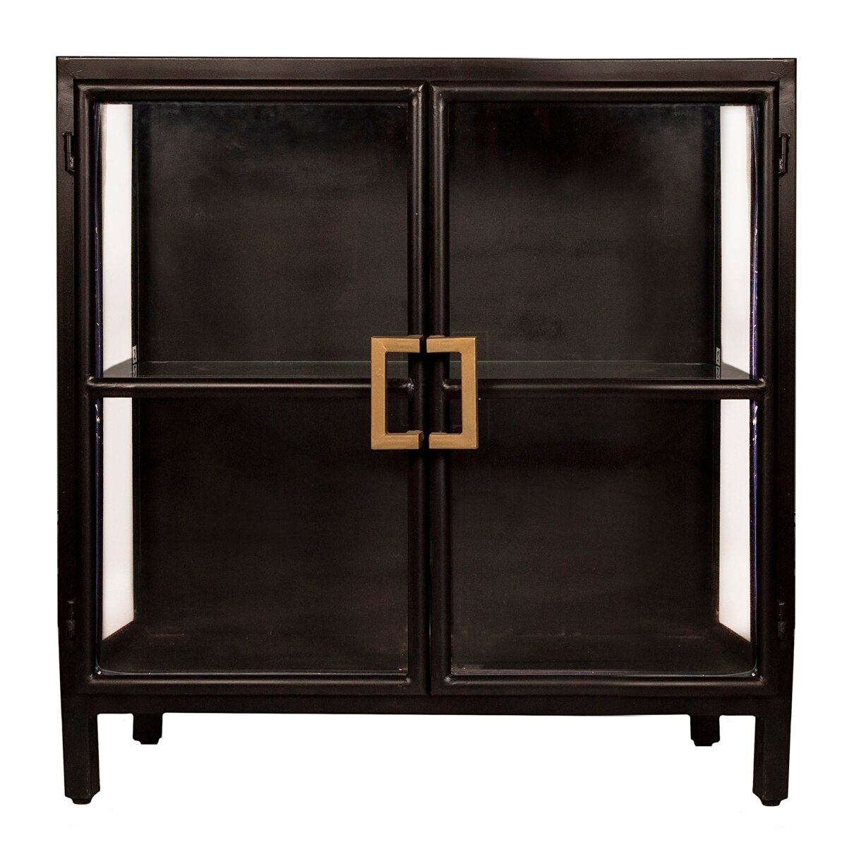 0f6619361326018a98b14fc140f30688 Charleston Cabinet | Black Finish On Metal Frame With Gold Handles And Clear Glass | 2 Door - Image 1