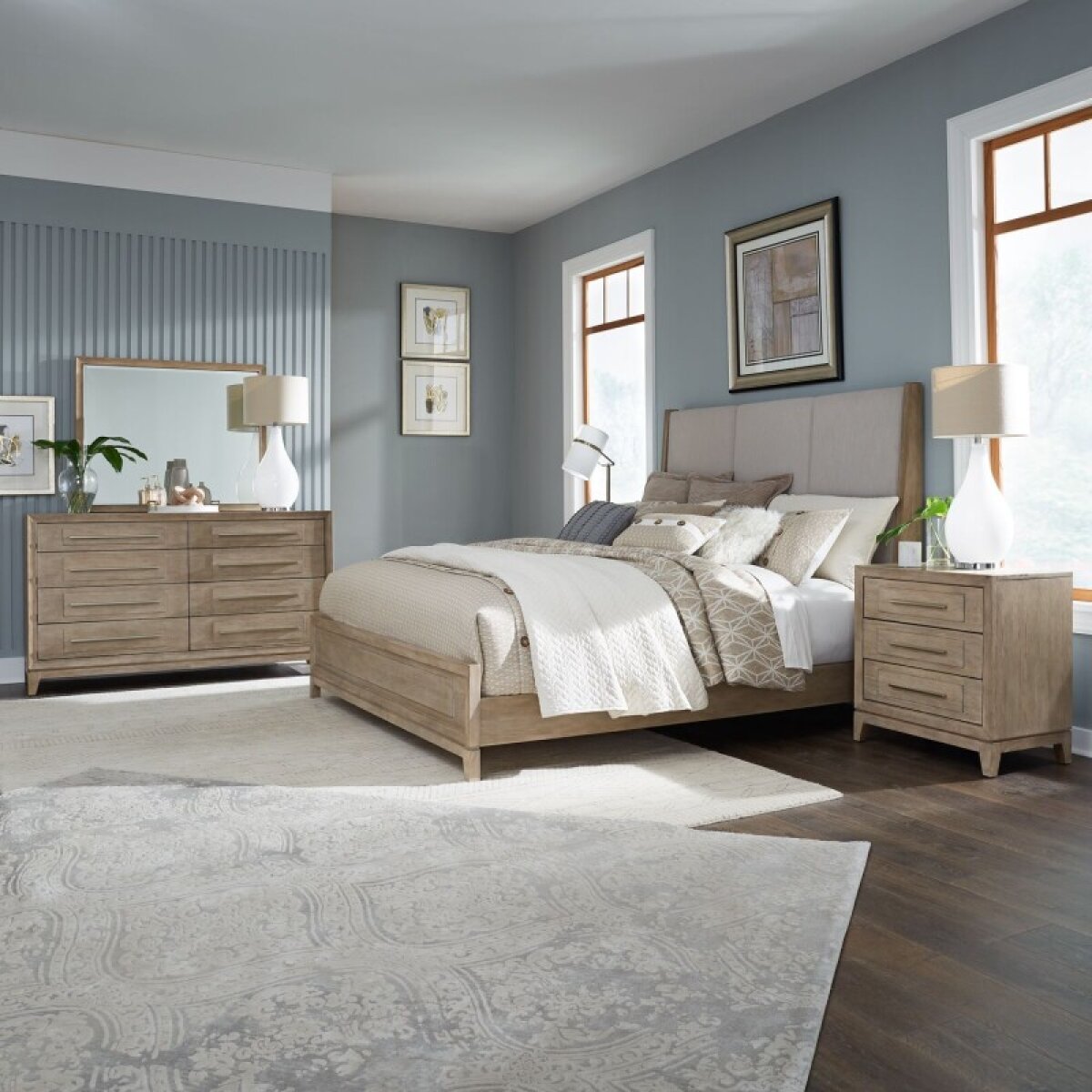 0f7ae3b54380c6f939e4ac38195573be Brentwood Queen Uph Bed, Dresser & Mirror, Night Stand - Image 1