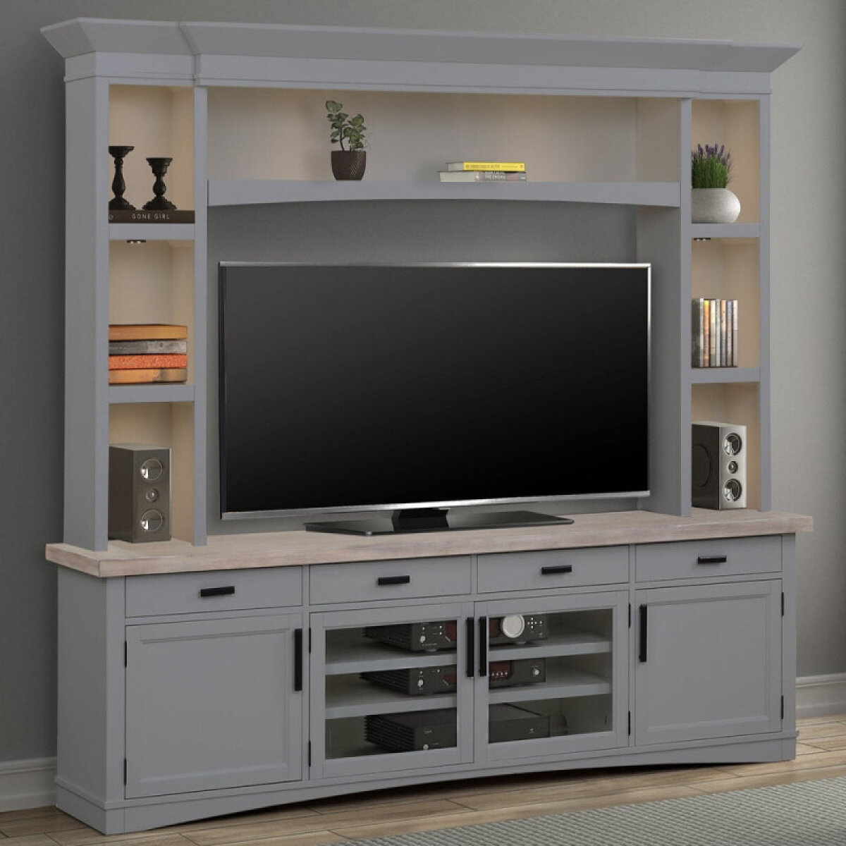 120dfa4ec7cf3277794871bcb0ff69bd Americana Modern - Dove 92" Tv Console With Hutch & Led Lights - Image 1
