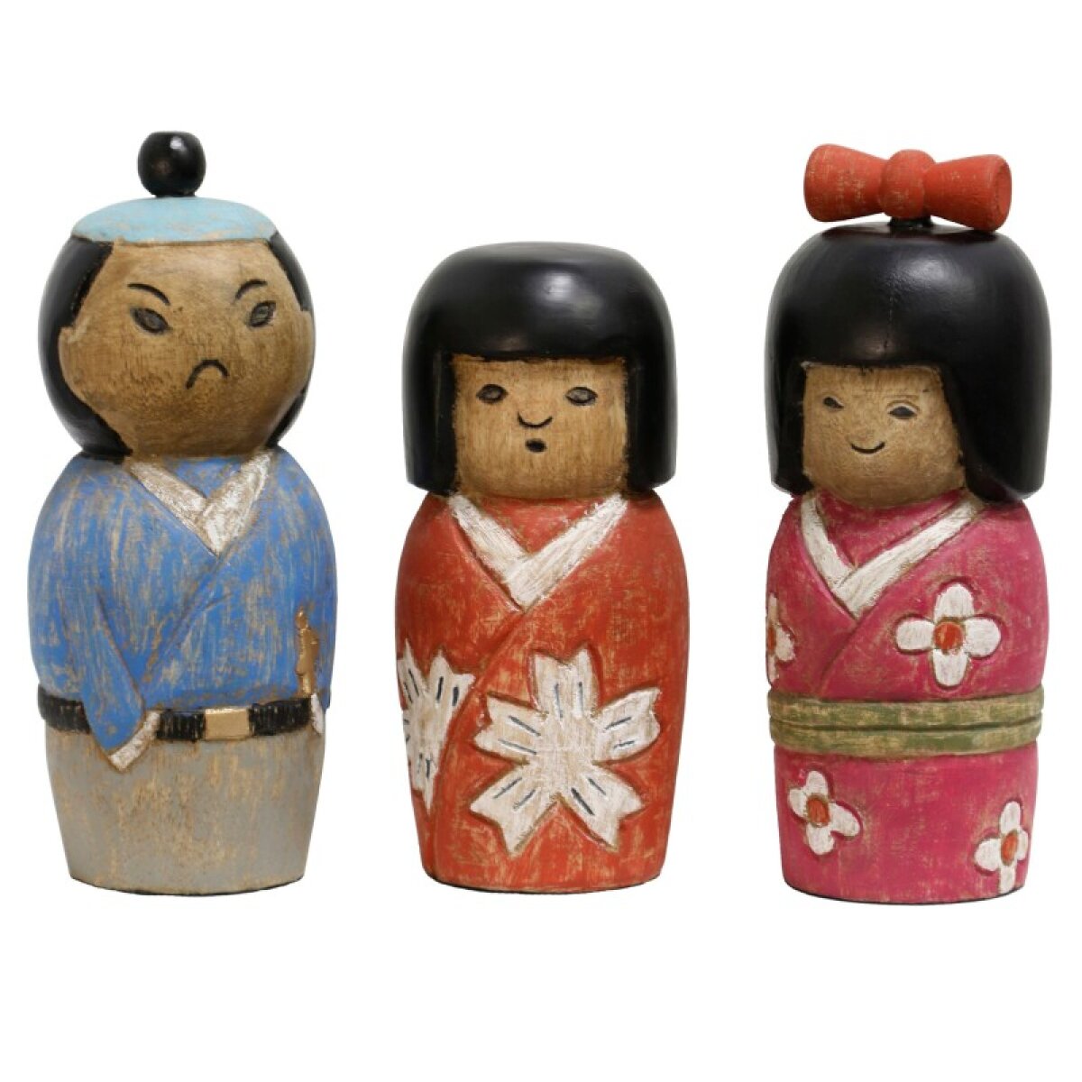 133ac2a5ef3b349ee57ebcd0efa7bbbd Japanese Three 12in & 10in Set Of Three Carved And Painted Statues - Image 1