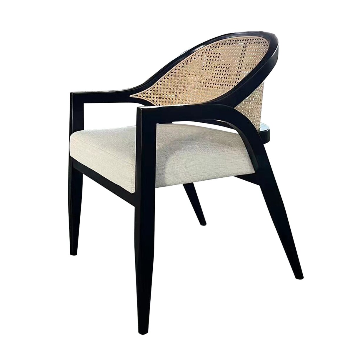 18c486002293cd9ed40bb48a30bc731c Thane Dining Chair | Natural Rattan Back With Cream Linen Seat On Black Finished Beech Wood Frame - Image 1