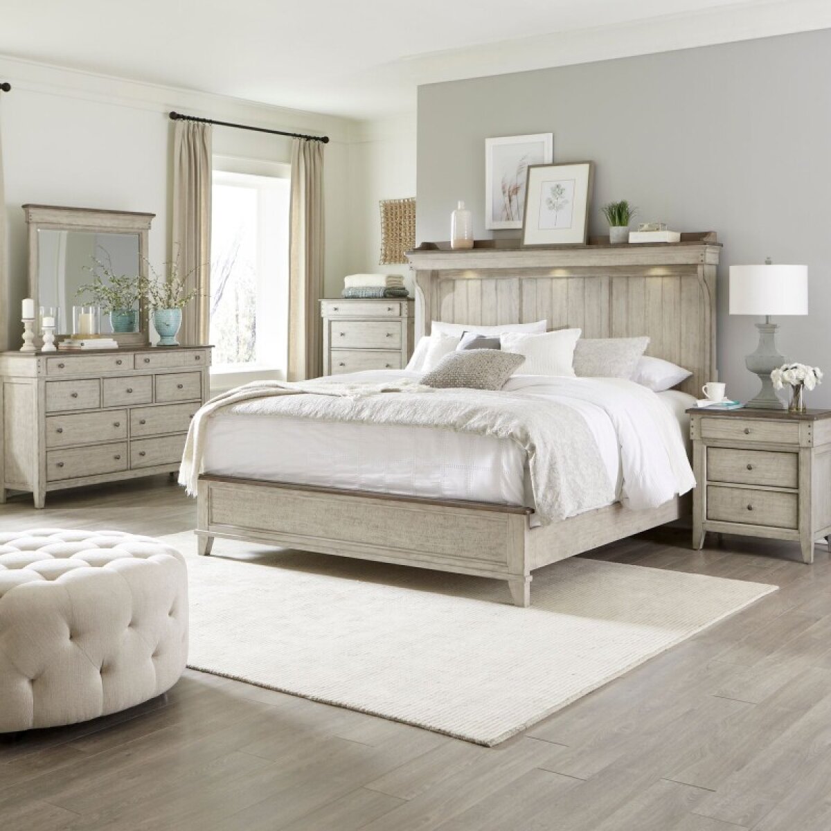 1a9fc338d69307a25d4a5a44f04d2732 Ivy Hollow King Mantle Bed, Dresser & Mirror, Chest, Night Stand - Image 1