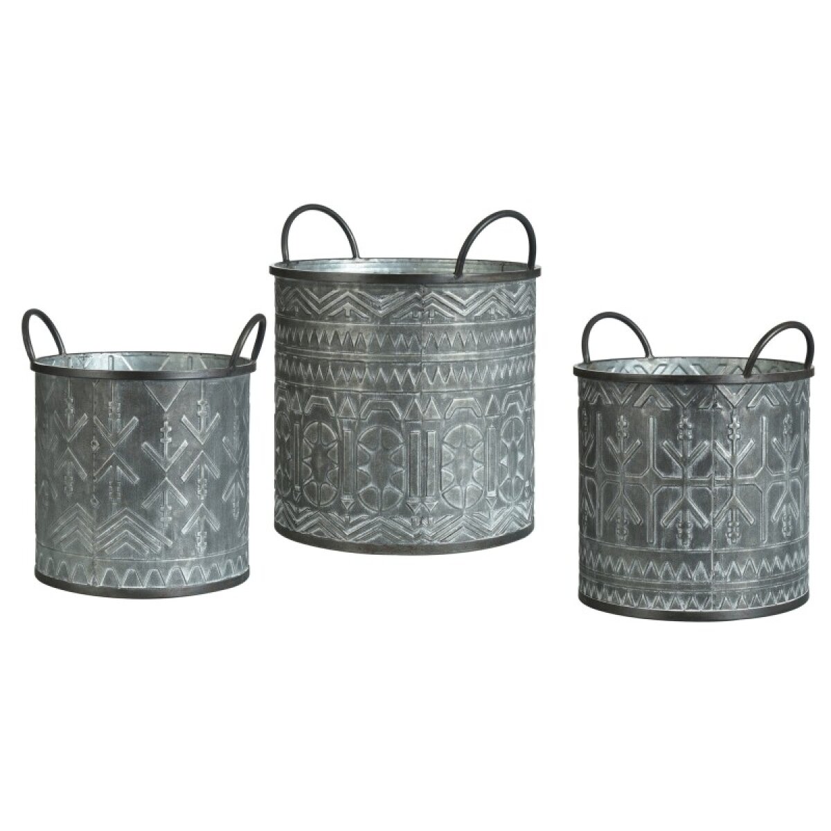 1dbed362d7480346021db3c4ddb7baf1 Galvanized Bucket Set Set Of Three Embossed Design Metal Pales With Handles - Image 1