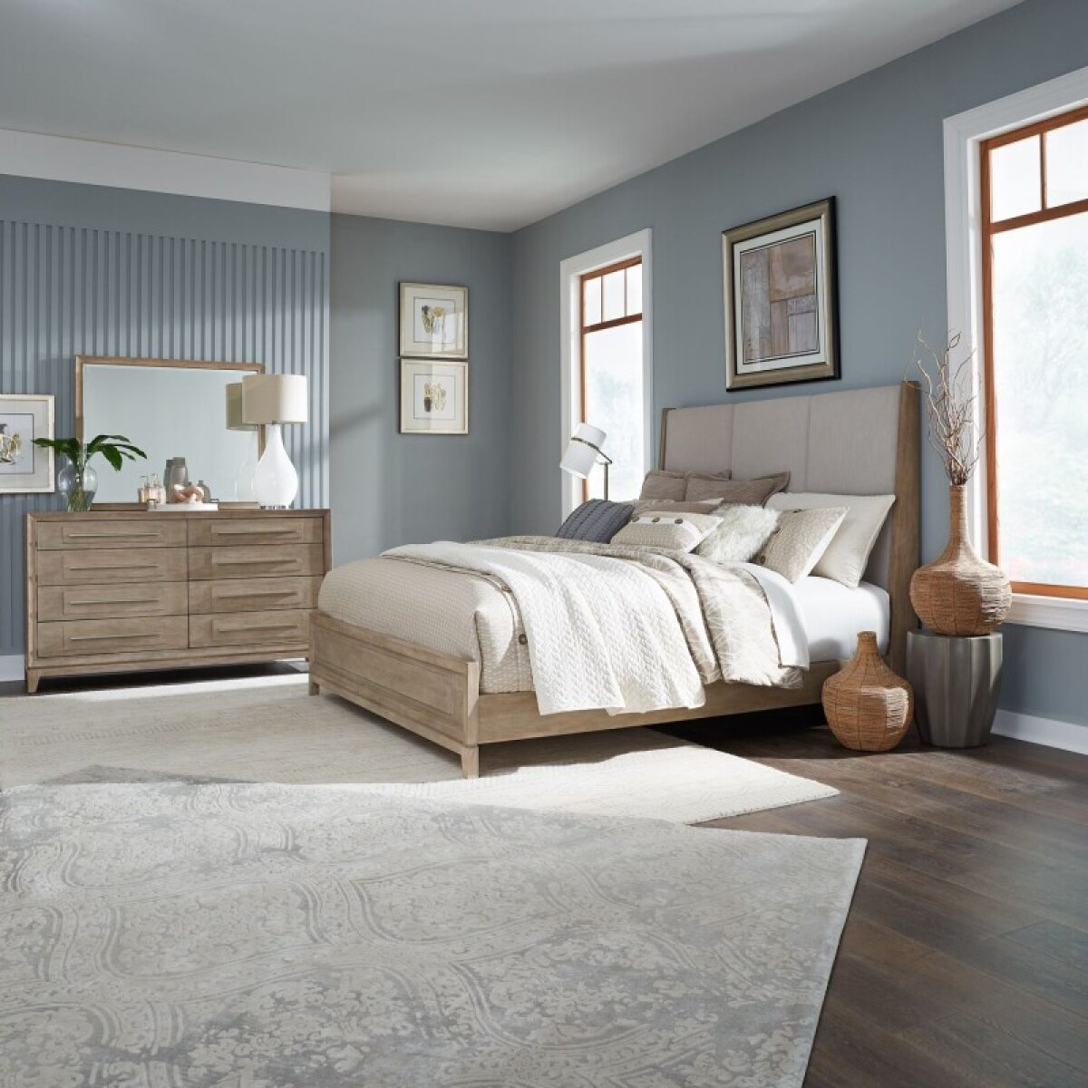 1dc6257d52522e1c0464e96bcefe9d7f King California Uph Bed, Dresser & Mirror - Image 1