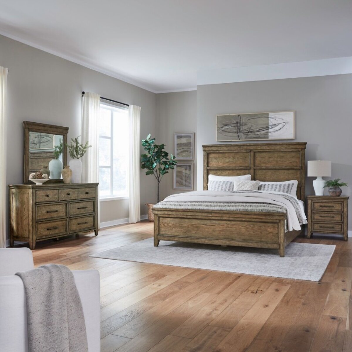 1ed136778de0b5197080b58e398e51d8 Carolina Park King Panel Bed, Dresser & Mirror, Night Stand - Image 1