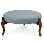 Dann Foley Lifestyle Round Ottoman With Wooden Cabriole Legs And Light Blue Upholstery