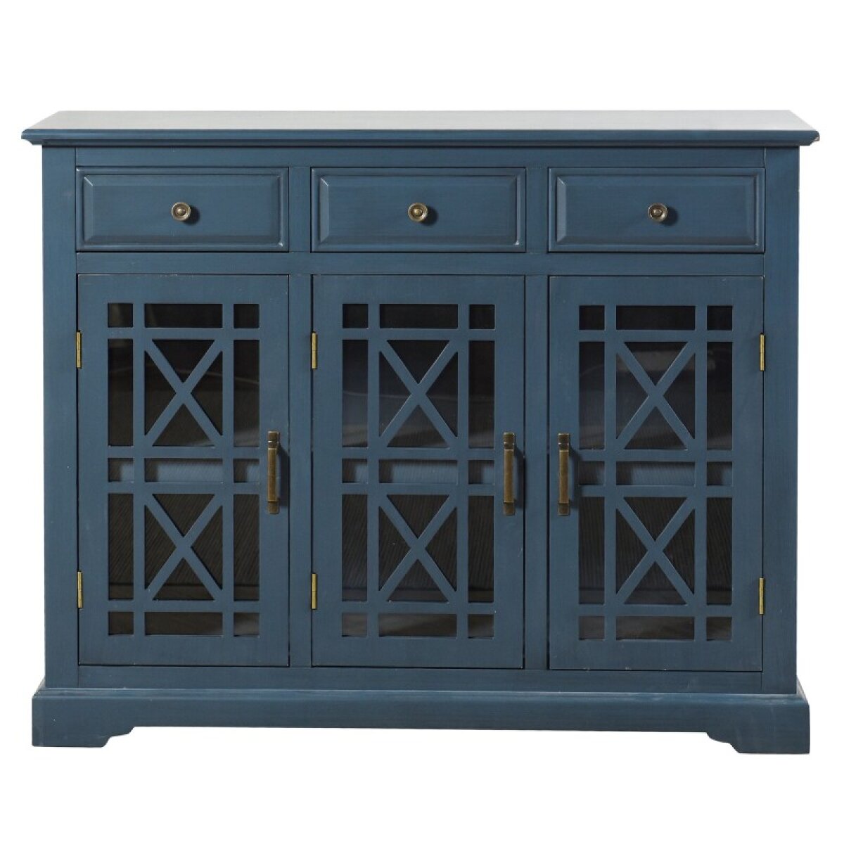 2209c67741669f58a2be95f43f123029 Turquoise Three Drawer 3 Door Glass Front Cabinet - Image 1