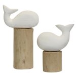 Set Of 2 Perched Whales Solid Mango Wood Carved Sculpture