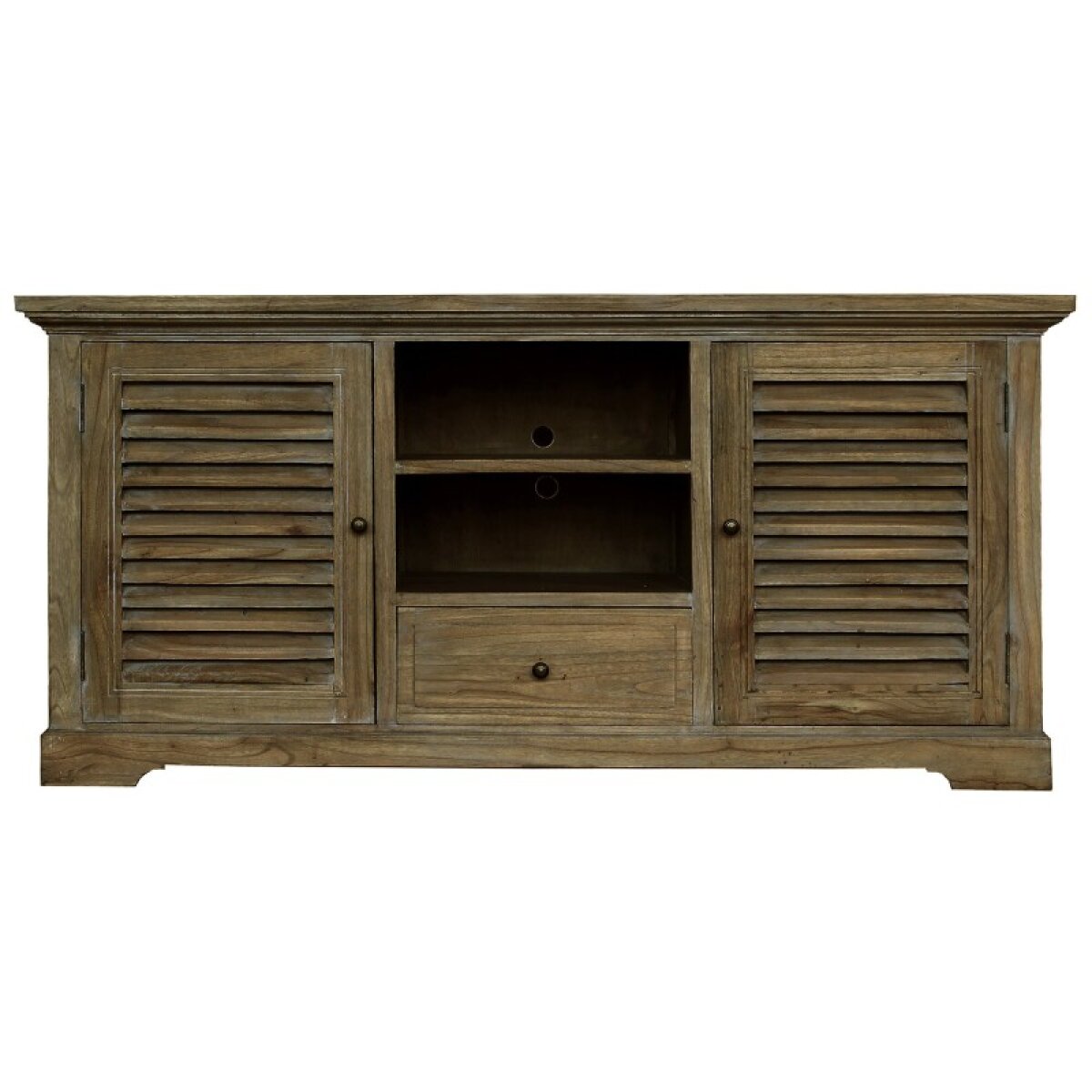 24cb4716f49312021e66a19a0c2c9fbe Natural Grey Washed Wooden Colonial Tv Cabinet With 2 Shelves 2 Shutter Doors And 1 Drawer 28in - Image 1