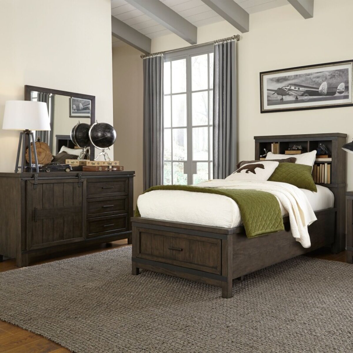 2902fdae1210b6124b027ca362f6f0e5 Thornwood Hills Twin Bookcase Bed, Dresser & Mirror - Image 1
