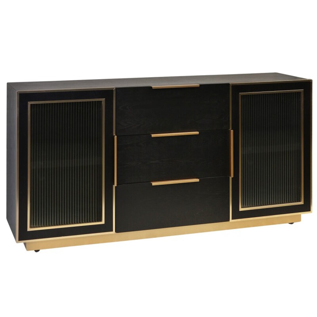 2cebc433fb299098bffbd5bba2580006 Ebony & Gold 2 Door 3 Drawer Wooden & Metal Cabinet With Corrugated Clear Glass - Image 1