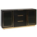 Ebony & Gold 2 Door 3 Drawer Wooden & Metal Cabinet With Corrugated Clear Glass