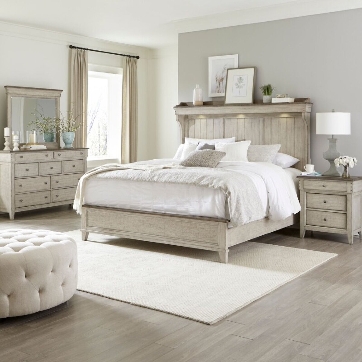 300254c96eb2850e28b363be6bdcb44a King Mantle Bed, Dresser & Mirror, Night Stand - Image 1