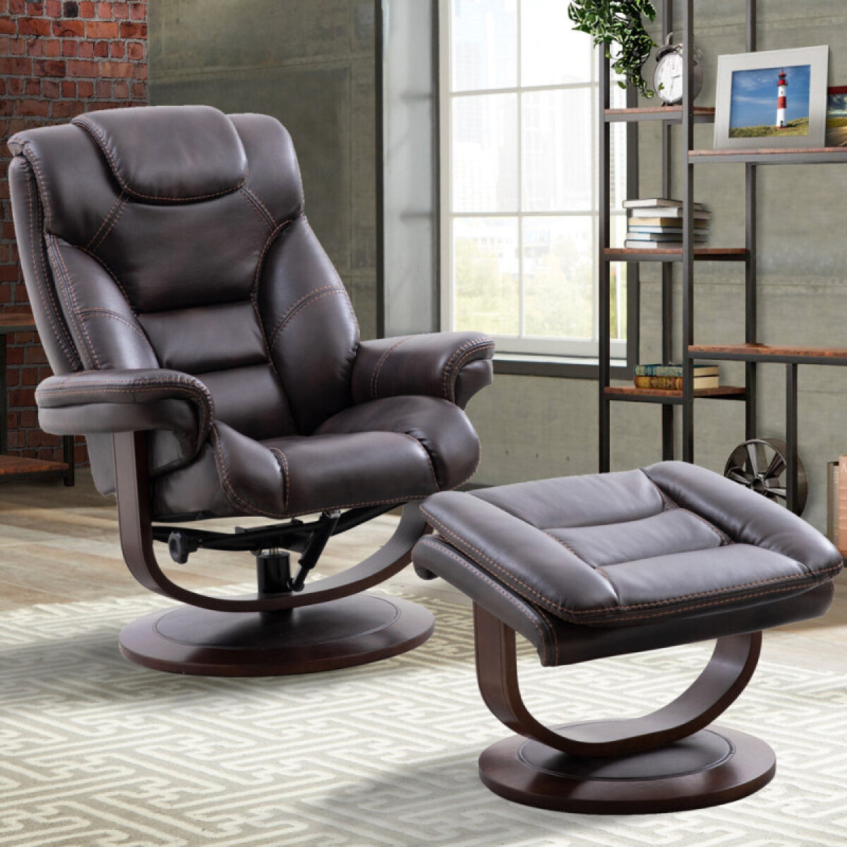 300b77dfdcc6588ce22a11848aacf3eb Monarch - Truffle Manual Reclining Swivel Chair And Ottoman - Image 1