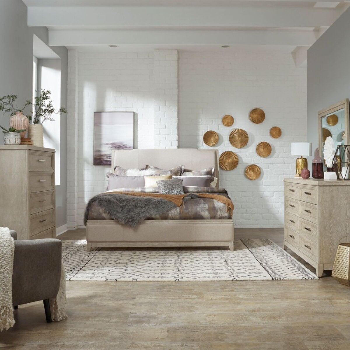 3144c6c6a586f2d5ff238c6195e37303 Belmar Queen Uph Bed, Dresser & Mirror, Chest - Image 1