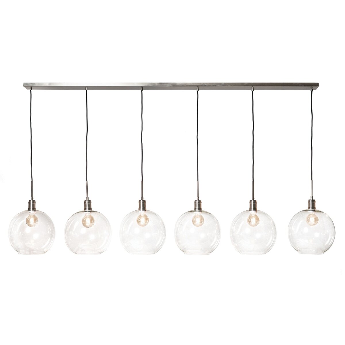 32afaab668f97757ed38245dd98fa636 Luca Nickel Chandelier- Large | Adjustable Level 20 -139 Clear Glass Globes With Nickel Finished Me - Image 1