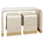 Waterfall Tables Nested Set Of Three Ivory Taupe Mother Of Pearl Mosaic Curved Plywood Frame - Image 3