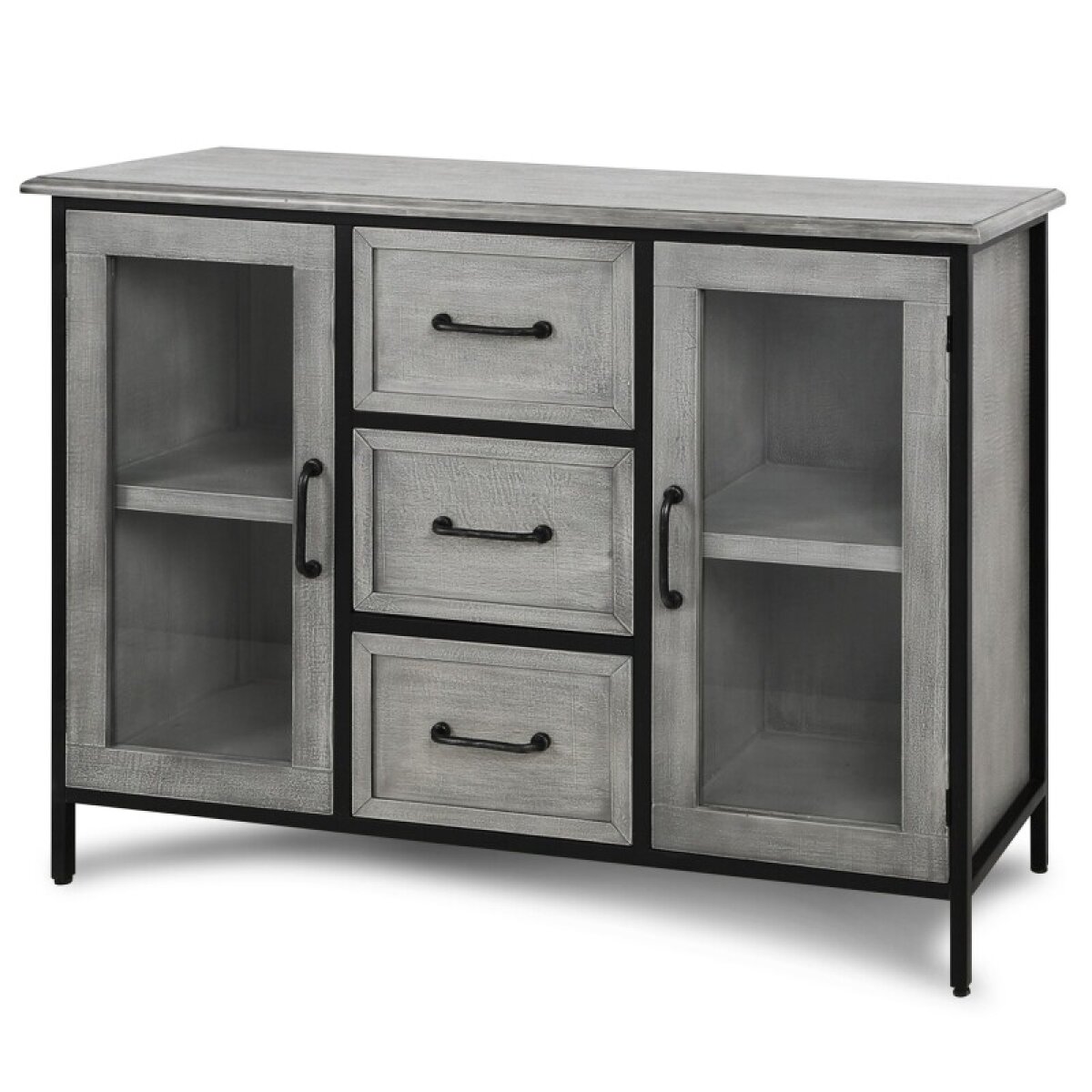 379708c7aafad7b5f5c84d292d28f5bc Amador Large Cabinet Gray Wooden And Black Metal 3 Drawer 2 Door Cabinet With Glass - Image 1