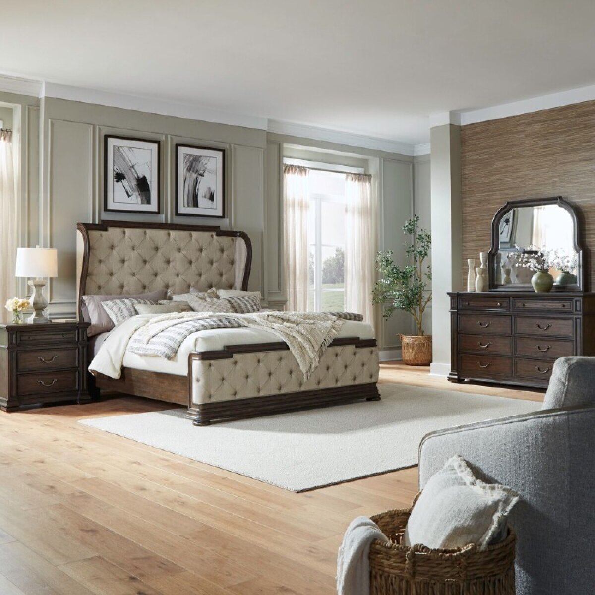 3892244d6693f5dd35a81a2374746c7a King Shelter Bed, Dresser & Mirror, Night Stand - Image 1