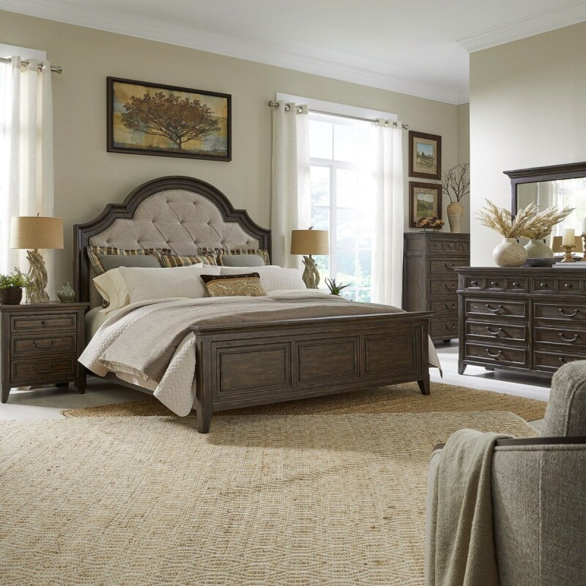 39744254543a69d57fbeab23f56a44b3 Paradise Valley King Uph Bed, Dresser & Mirror, Chest, Night Stand - Image 1