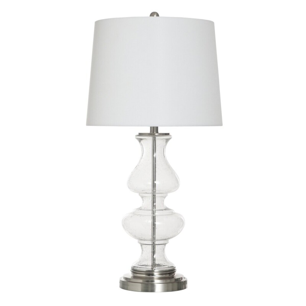 39ac5a51605893dc5d936bd4cd78770b Clear Seeded Glass Twisted Hour Glass Table Lamp With Brushed Brass Base 150 Watts - Image 1