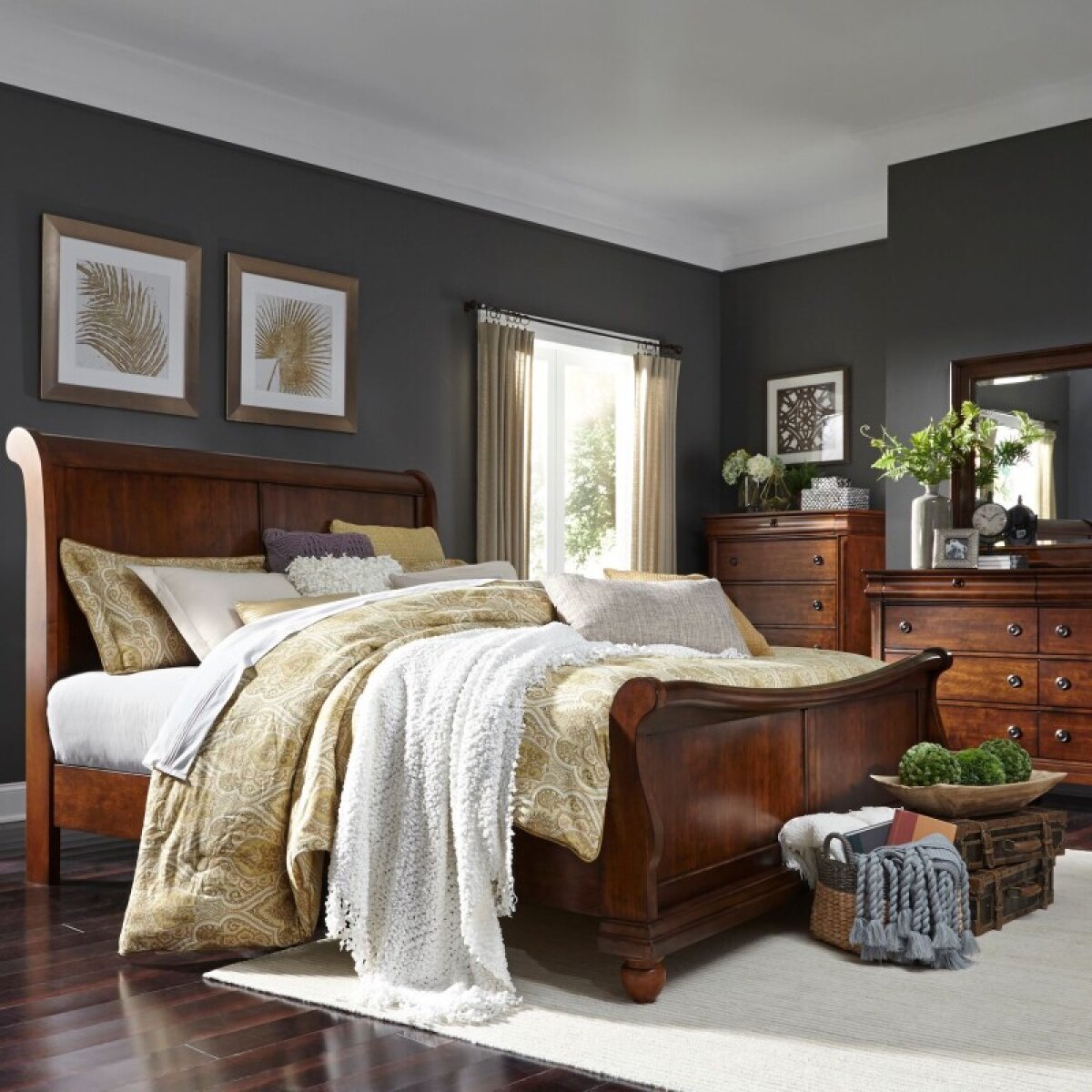 39ad46b24a181e8ebc60118cca6e0c48 Rustic Traditions King California Sleigh Bed, Dresser & Mirror, Chest - Image 1