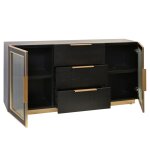 Ebony & Gold 2 Door 3 Drawer Wooden & Metal Cabinet With Corrugated Clear Glass - Image 3
