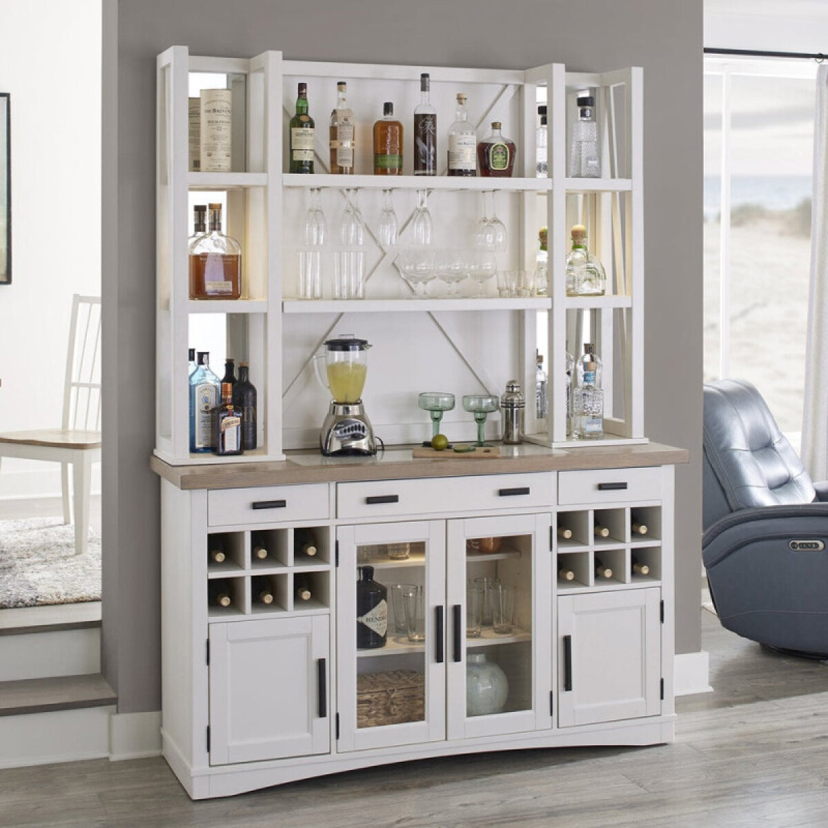 3b8517acc0792831e7d9ef6e39f5959a Americana Modern Dining 2pc 66" Buffet / Bar Open Hutch With Quartz Insert - Image 1