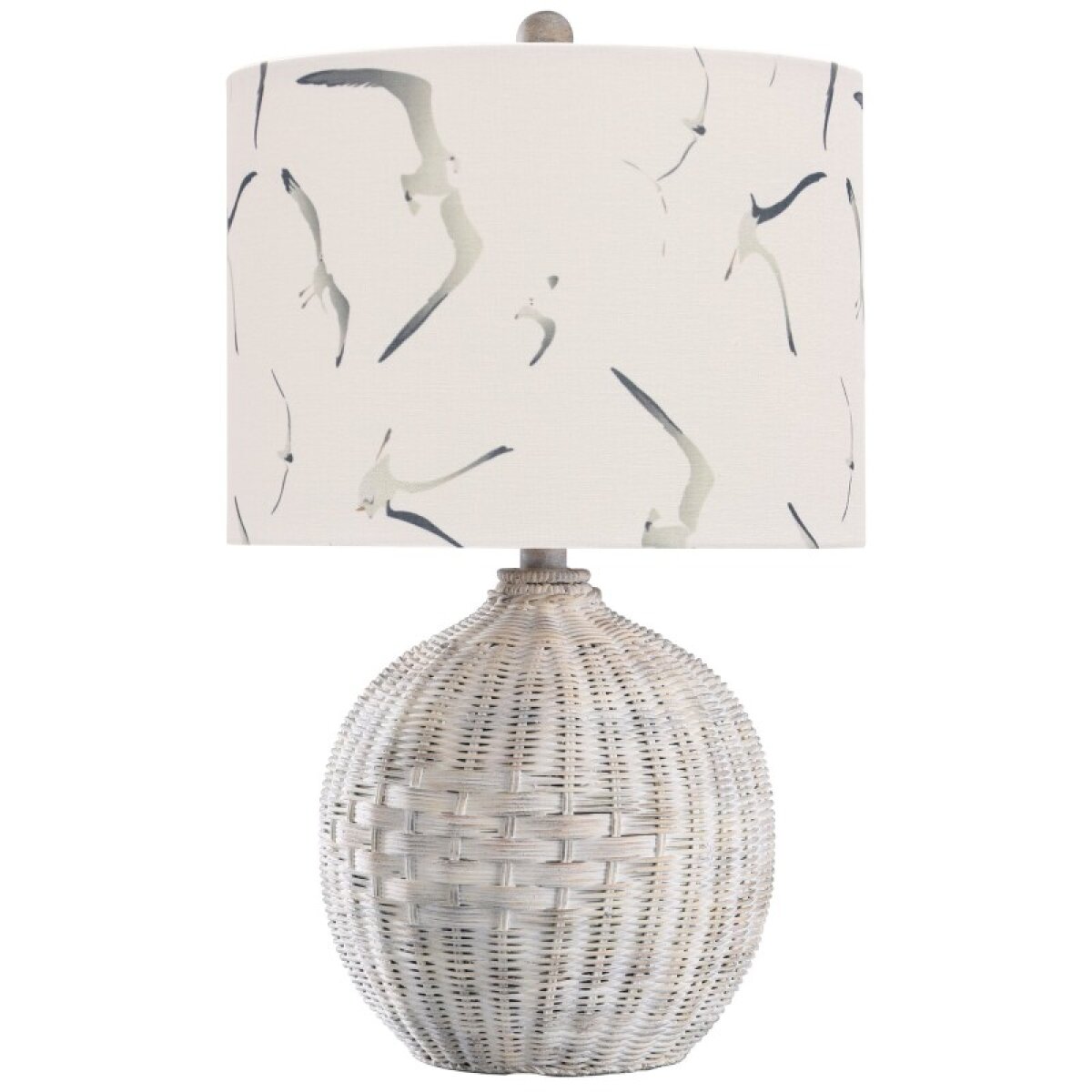 3f152ab7c9fe9f3c2db616205551d21e Piper's Harbor Table Lamp Coastal Beach Rattan Base With A Seagull Print Round Hardback Shade - Image 1