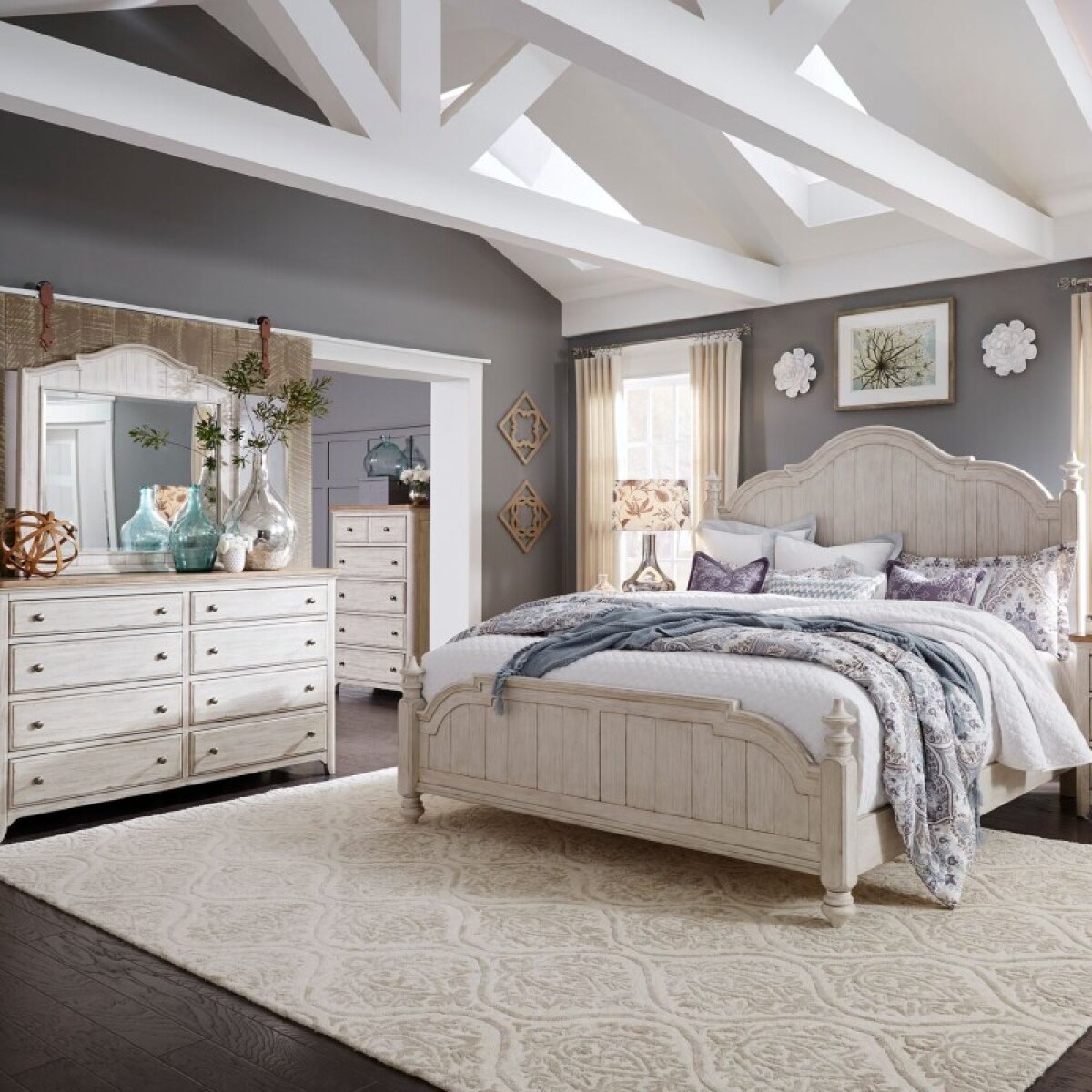 3f85c6741dd7d9a0c73bd0506b31c0a4 Farmhouse Reimagined Queen Poster Bed, Dresser & Mirror, Chest - Image 1