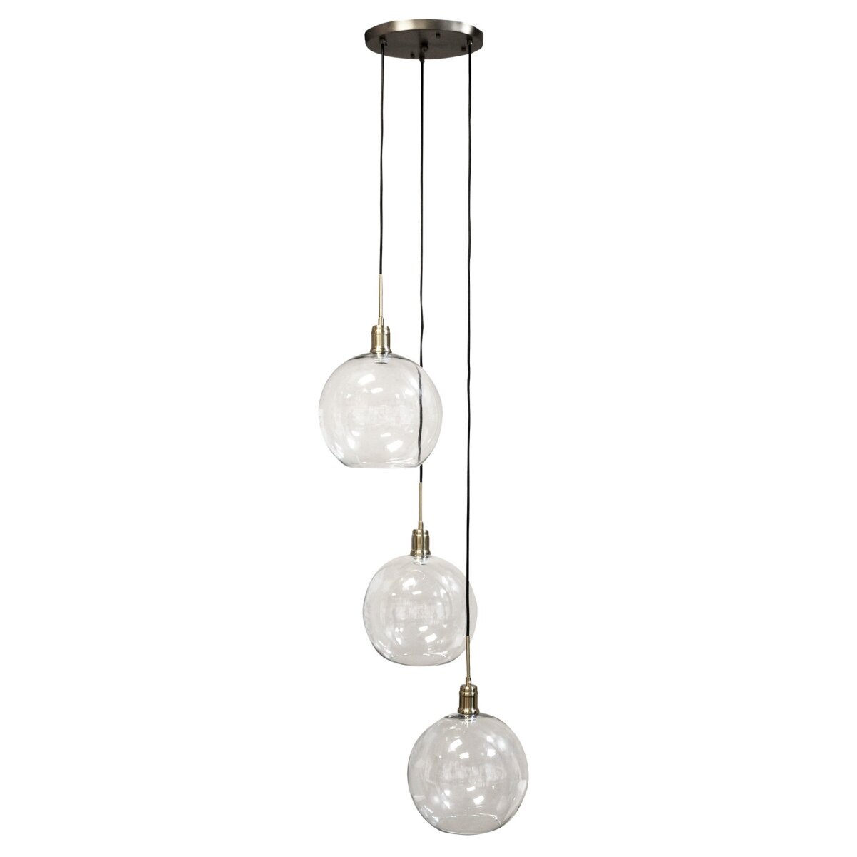 3f9532c29360fcd121e00608aa2e69aa Luca Nickel Pendant- Triple | Adjustable Level 43 -139 Clear Glass Globes With Nickel Finished Meta - Image 1