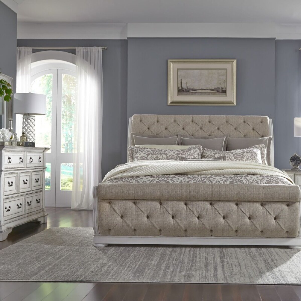 4059c1c7fcf8975f7ab4d7457bb0083e Abbey Park Queen Uph Sleigh Bed, Dresser & Mirror - Image 1