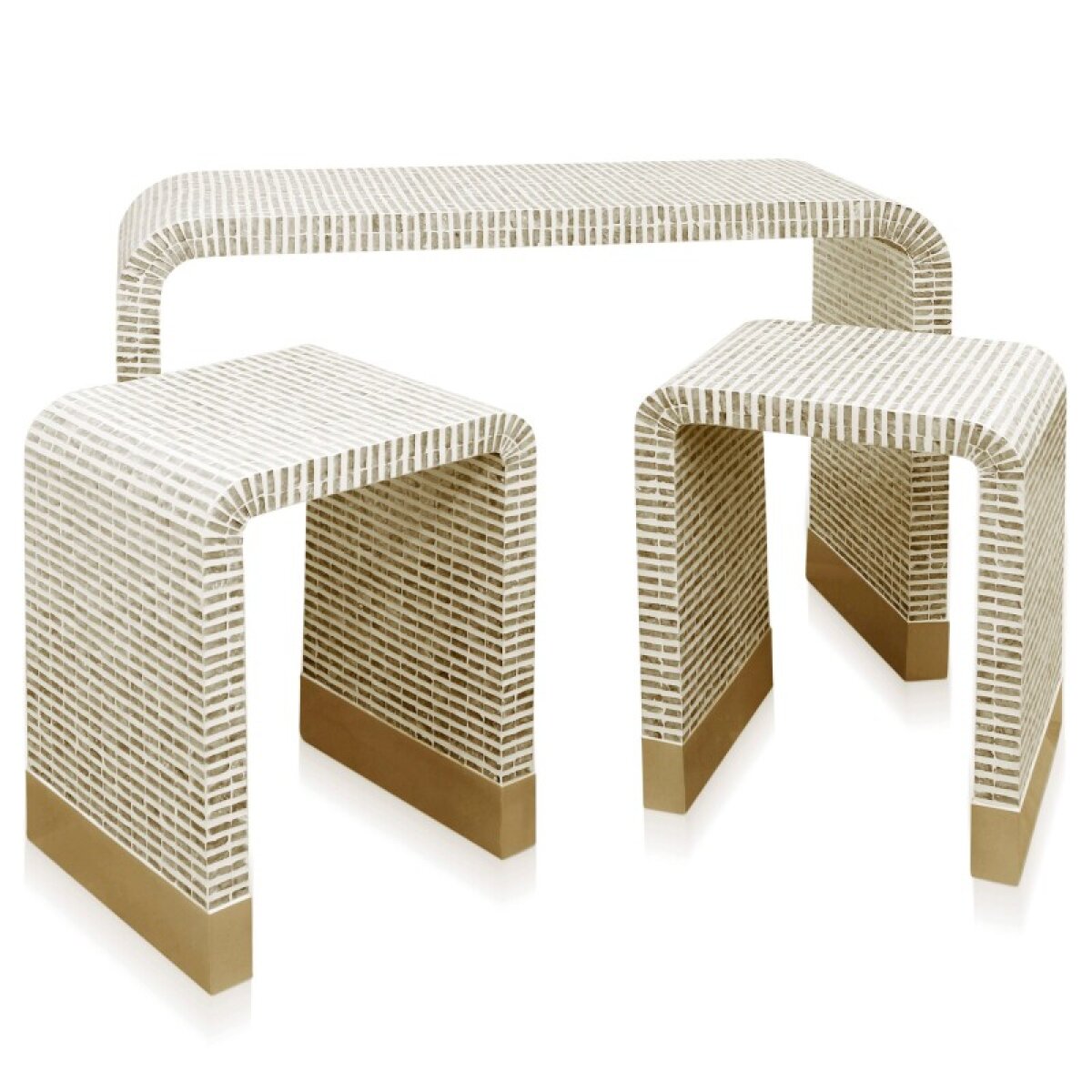 40d03962c792b7e08fd5ff4ddb55890a Waterfall Tables Nested Set Of Three Ivory Taupe Mother Of Pearl Mosaic Curved Plywood Frame - Image 1