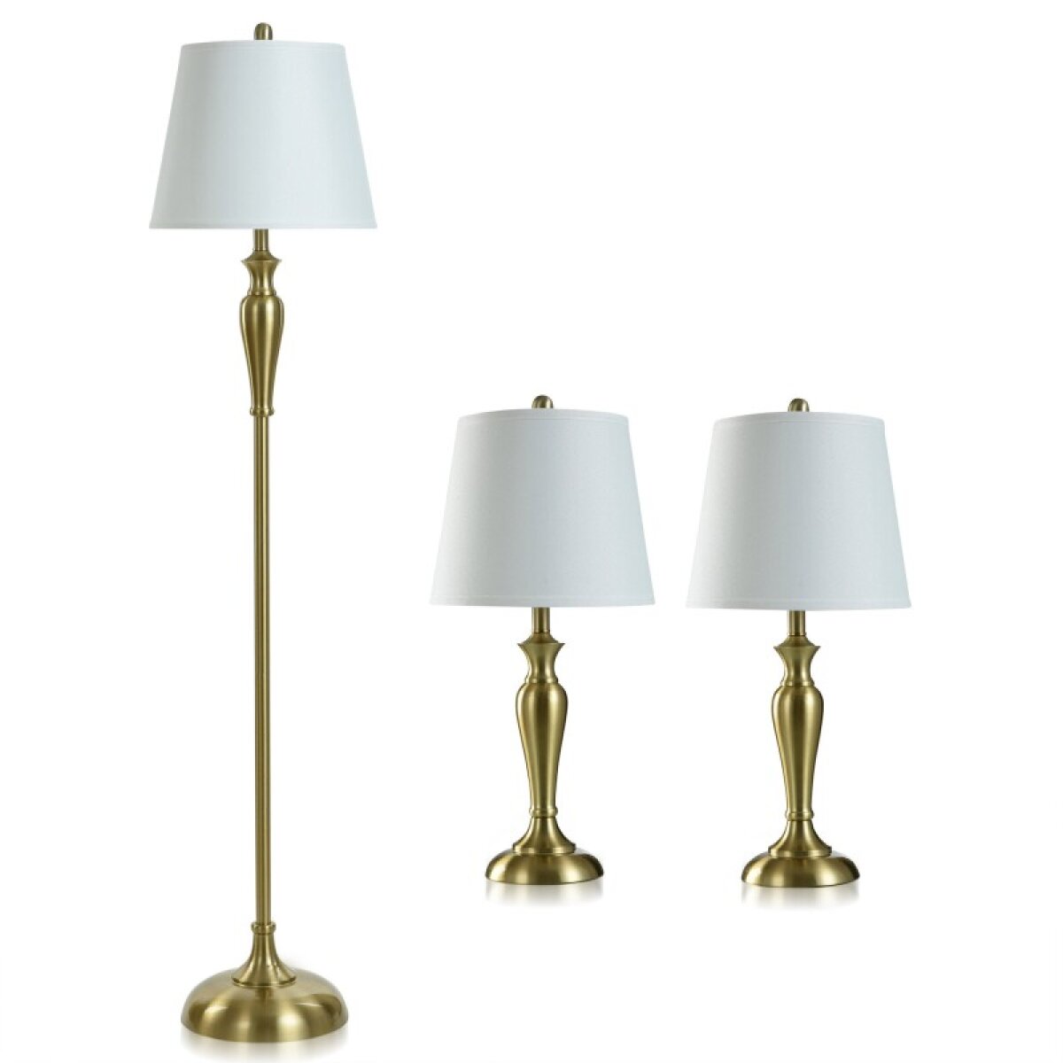 411eeaf521c6691b1a258febcbcb9ad1 Antique Brass Set Two Table Lamps & One Floor Lamp With White Hardback Shades 100 Watts - Image 1