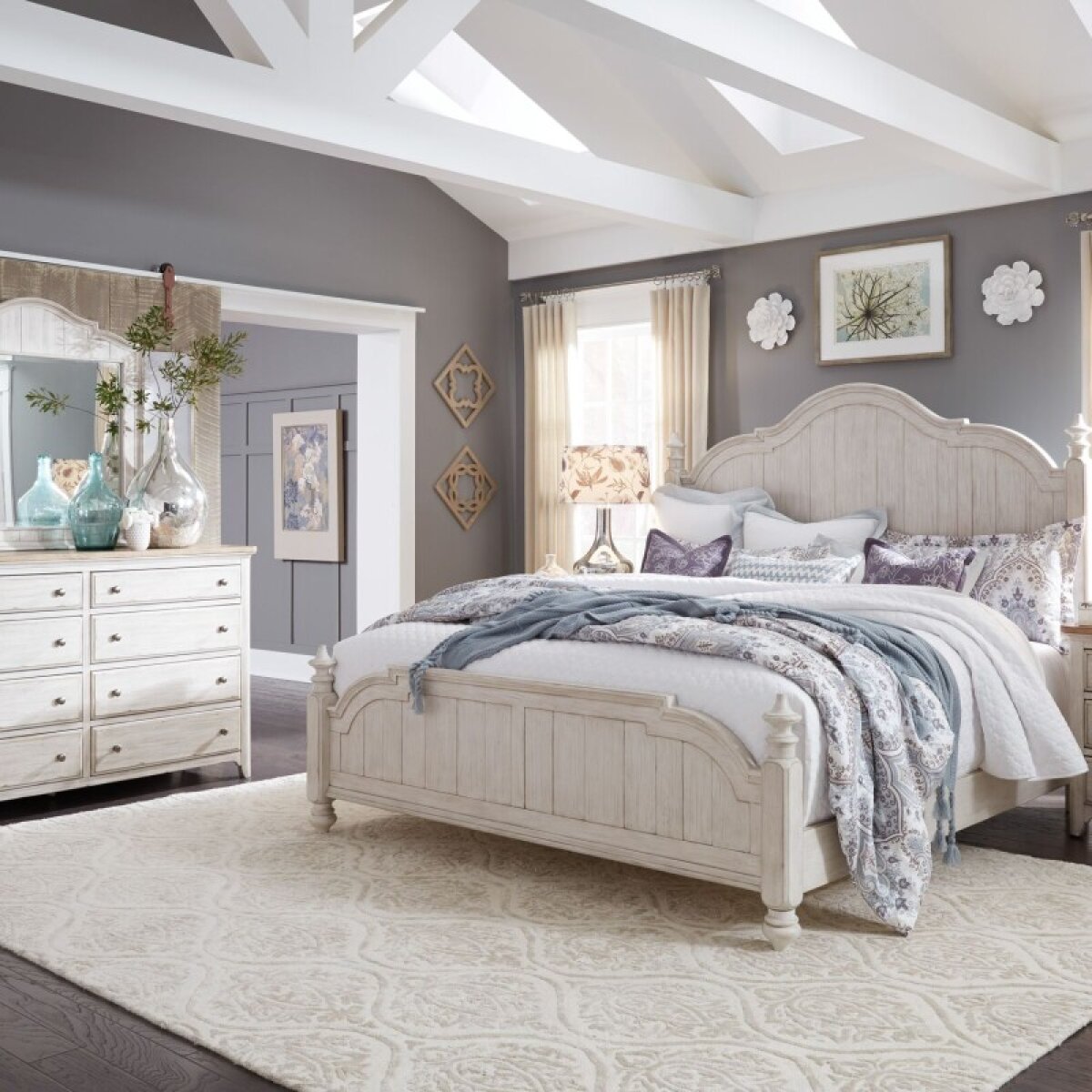 41e77a83cde12566634abdbc8cdeb2e7 Farmhouse Reimagined King Poster Bed, Dresser & Mirror - Image 1
