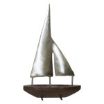 Small Pewter Sails Natural Stained Wood Base Boat Sculpture With Pewter