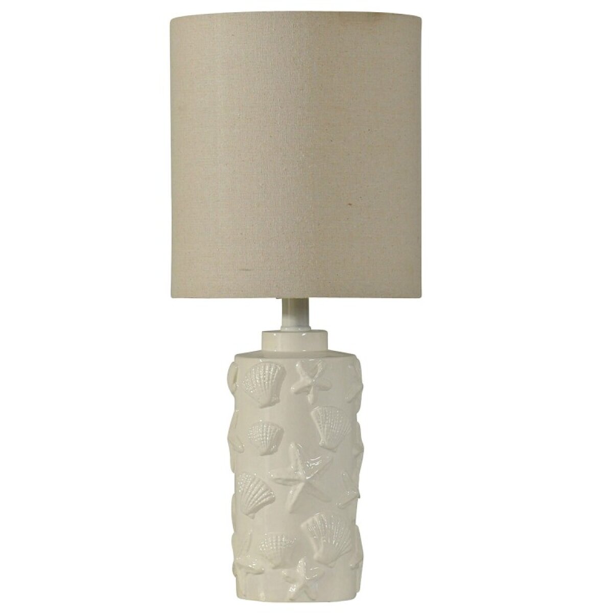 476d75d97e37cf3bff517e1954ab491a Hand Carved Seashell Motif Accent Lamp In White Finish White Drum Fabric Shade - Image 1