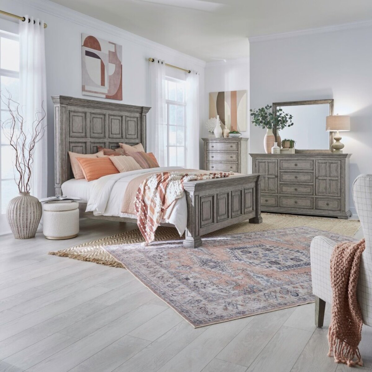 47f83bbe350aeffcacb648a4122eed47 Big Valley King Panel Bed, Dresser & Mirror, Chest - Image 1