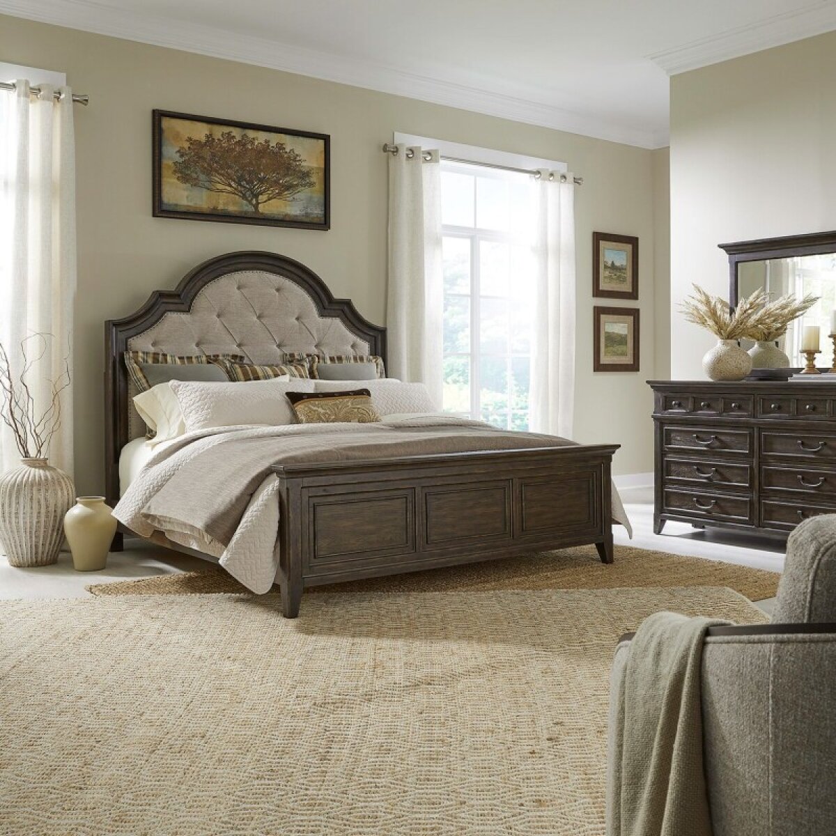 4efa8a3caf69aadb599b5aecb0f64f4b Paradise Valley Queen Uph Bed, Dresser & Mirror - Image 1