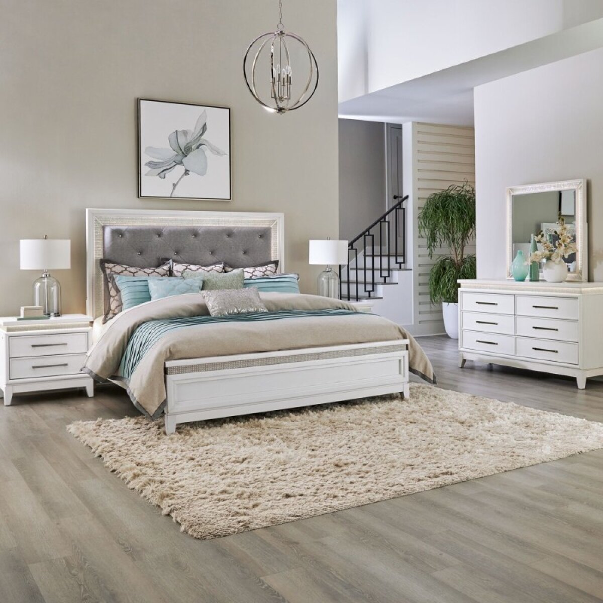 524f279c57060c5a32137af84ed670e1 Reflections Queen Uph Bed, Dresser & Mirror, Night Stand - Image 1