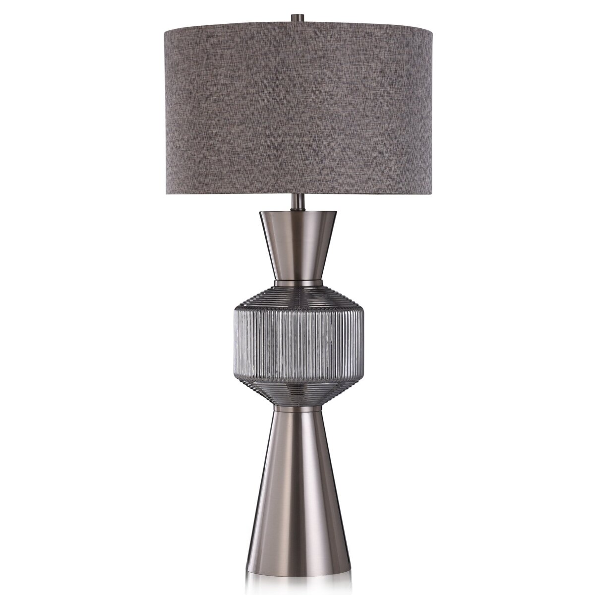 549c5386ec2a5621d0ed1bbe4d6b6ad5 Karla Table Lamp | Steel Finish On Metal And Glass Body | Hardback Shade - Image 1