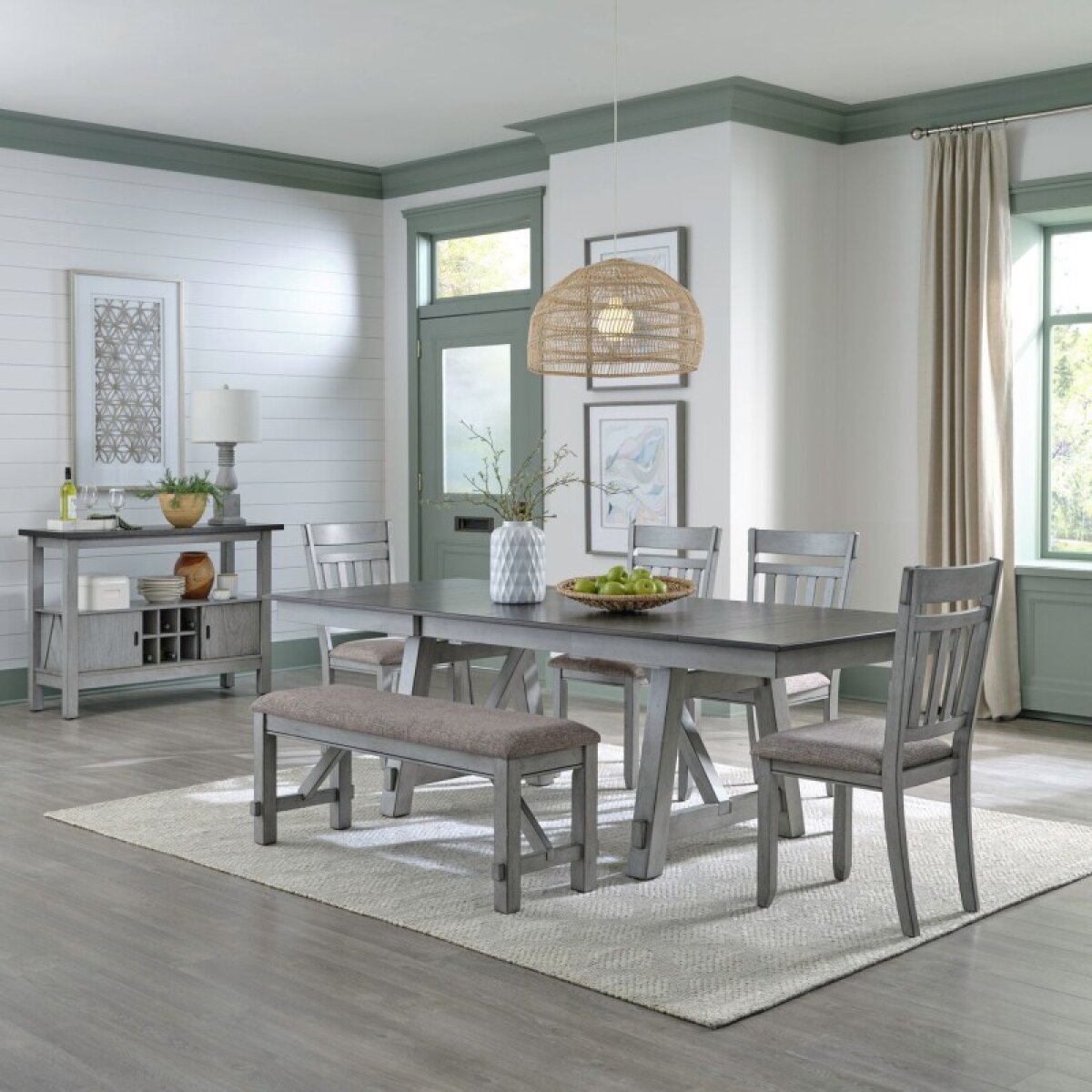 556d6f290311bb58b0c0200073f3202f Newport 6 Piece Trestle Table Set - Image 1