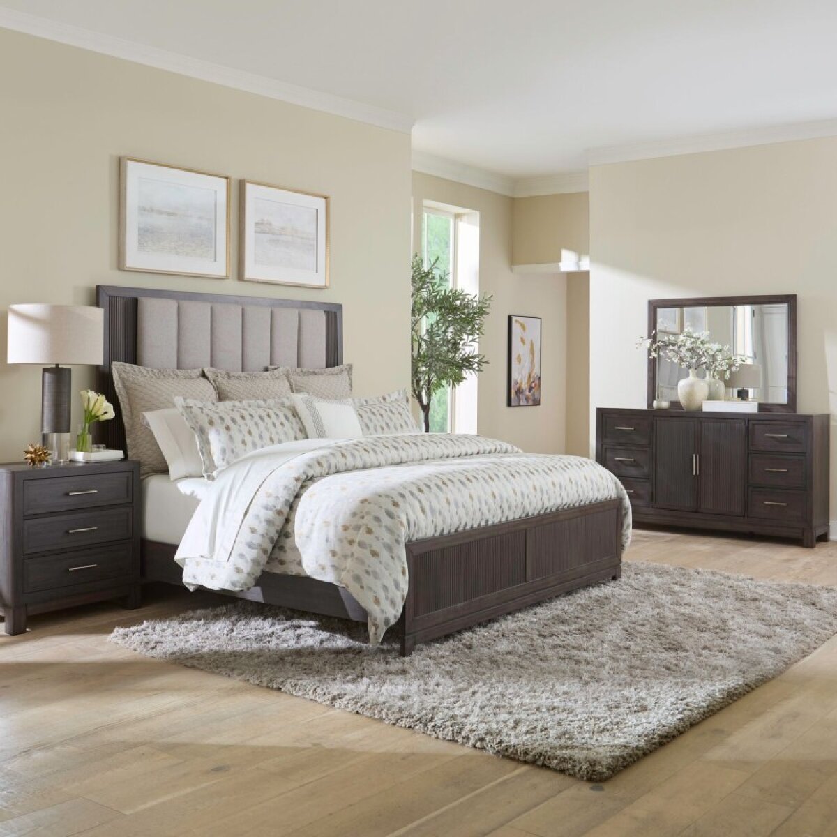 56471e6d9aafd95a4b8670ee4df72a16 Modern Edge Queen Uph Bed, Dresser & Mirror, Night Stand - Image 1