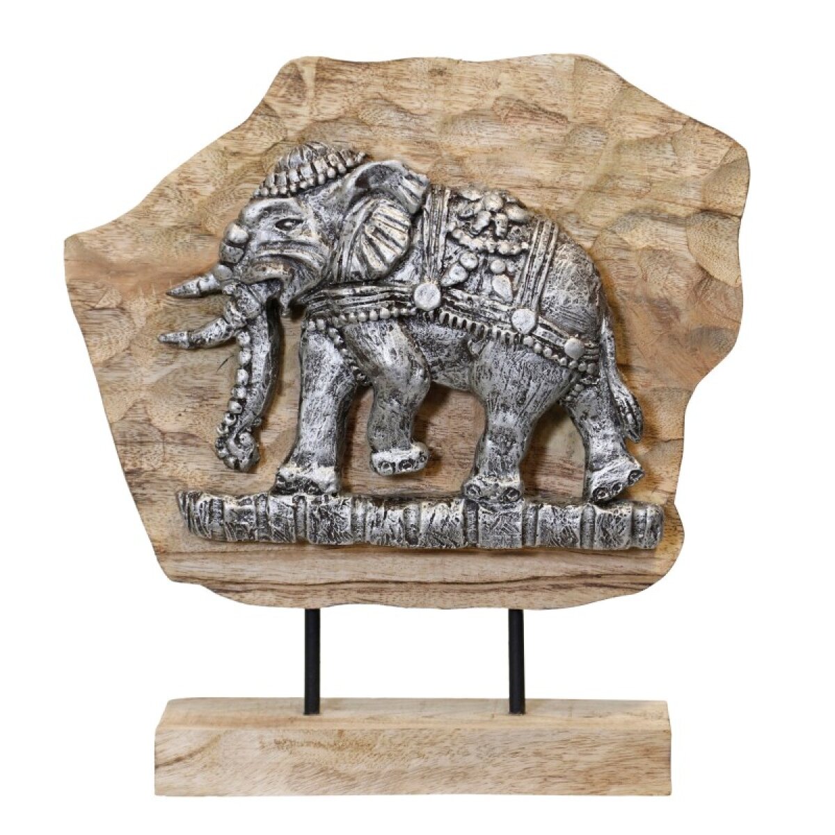 57ad8432b227017d2c287dc9119cc544 Natural Wood Antique Silver Elephant On Stand - Image 1