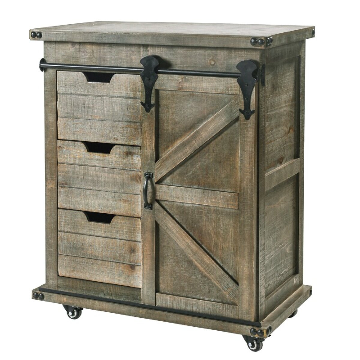 596696c8ed41cbedb150f8e1b9f61f9b Gray Barnwood Farmhouse Cabinet On Casters With Barn Door Hardware - Image 1