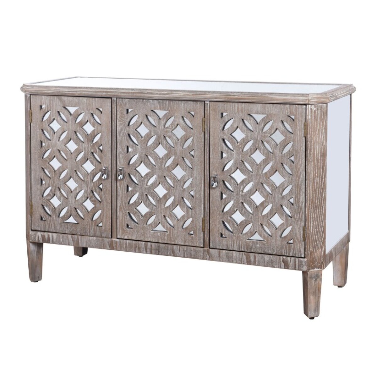 59e3413eb9d12bc5281a6108cf280aed Mirrored And Distressed Wood Dresser With Three Doors Flanked By Filigree - Image 1