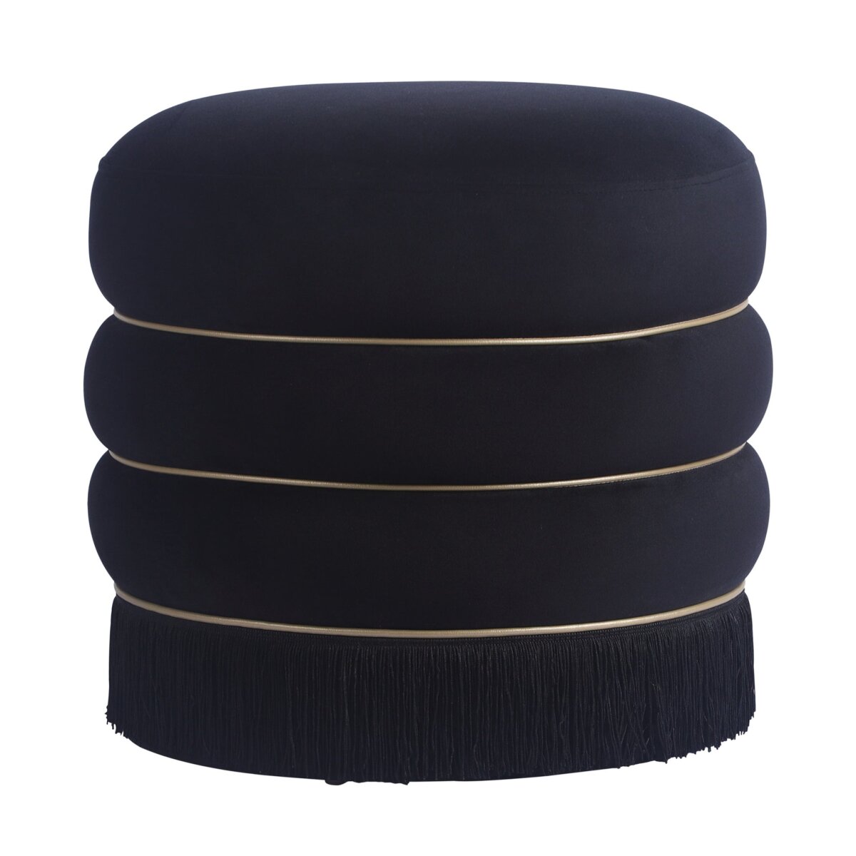 5a25f2b1355acfdee06671eddf1eadef Chandra Ottoman | Black Velvet Fabric With Black Fringe And Brass Accents - Image 1